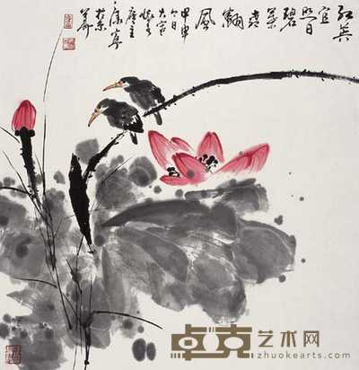 康宁 荷花翠鸟 立轴 68×66cm